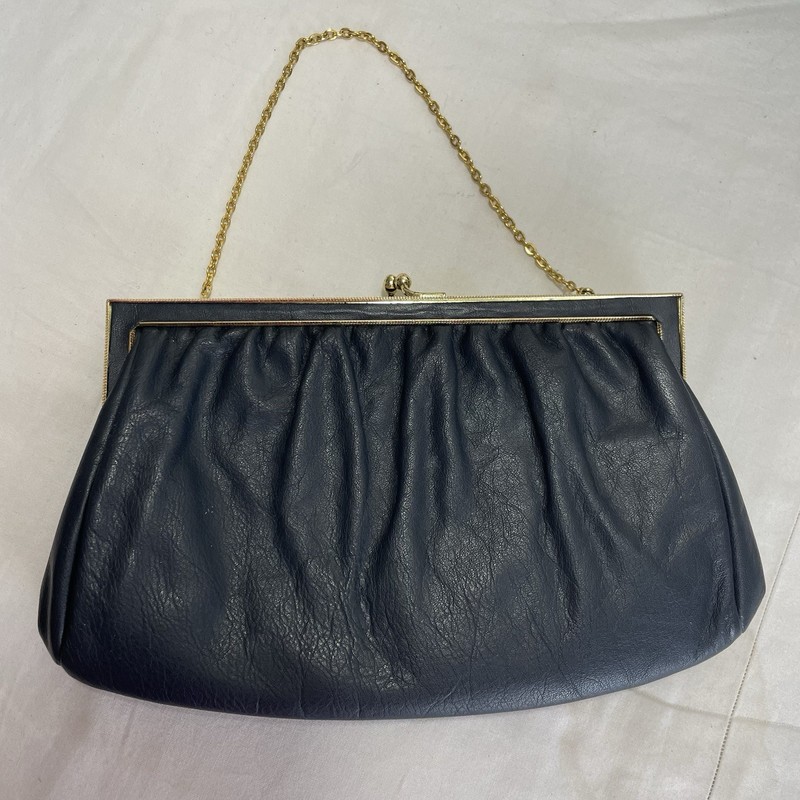 Vintage Etra Purse Clutch Evening Bag Black Leather With Gold-tone Hardware