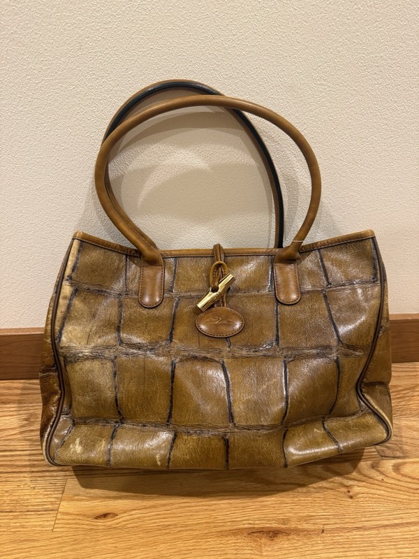 Longchamp Roseau Croc Embossed Leather Top Handle Bag Tote Vintage