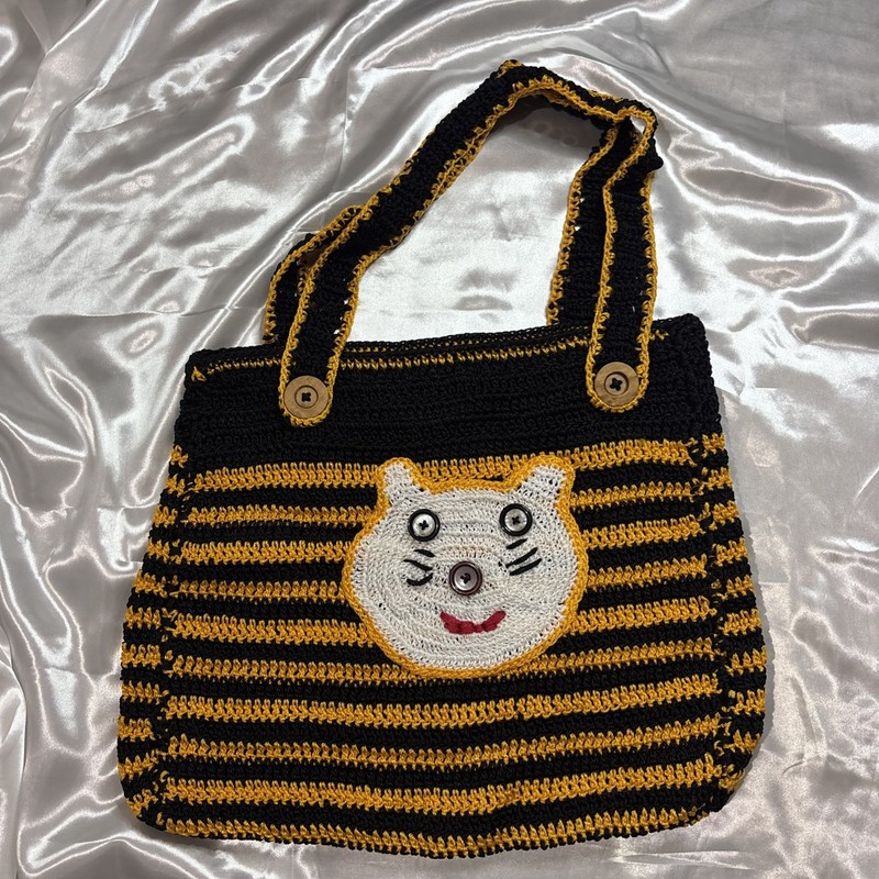 Handmade Crochet Crossbody Bucket Bag Yellow Large Purse Festival Art to Wear