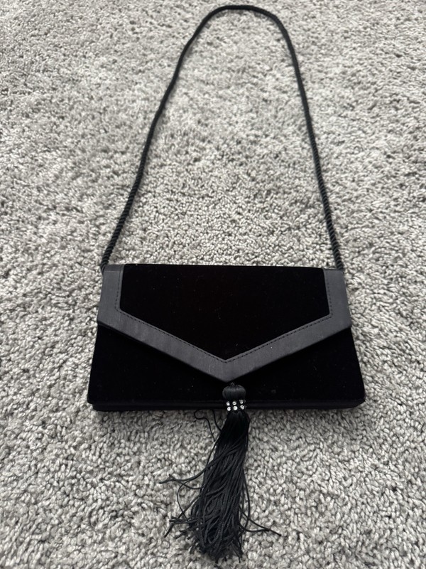 Accessory Lady Black Shoulder Bag Tassel Magnetic Snap Rhinestone Mirror