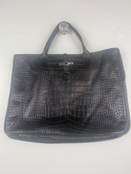 Longchamp Black Crocodile Embossed Leather Roseau Handbag Tote READ