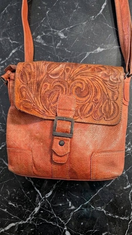 Vintage Tooled Leather Crossbody Bag – Western Floral Carved Purse
