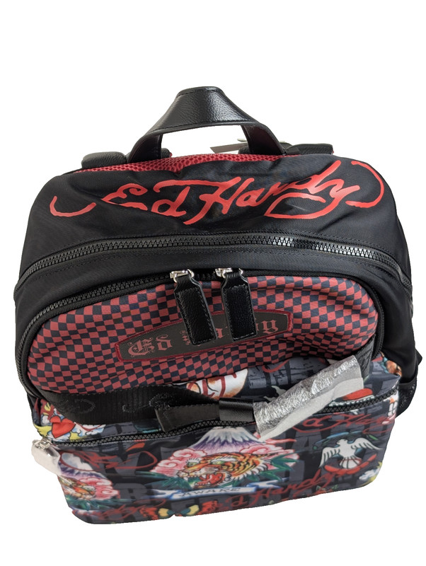 Ed Hardy Backpack Tattoo Print Multicolor Vegan Materials Laptop Pocket