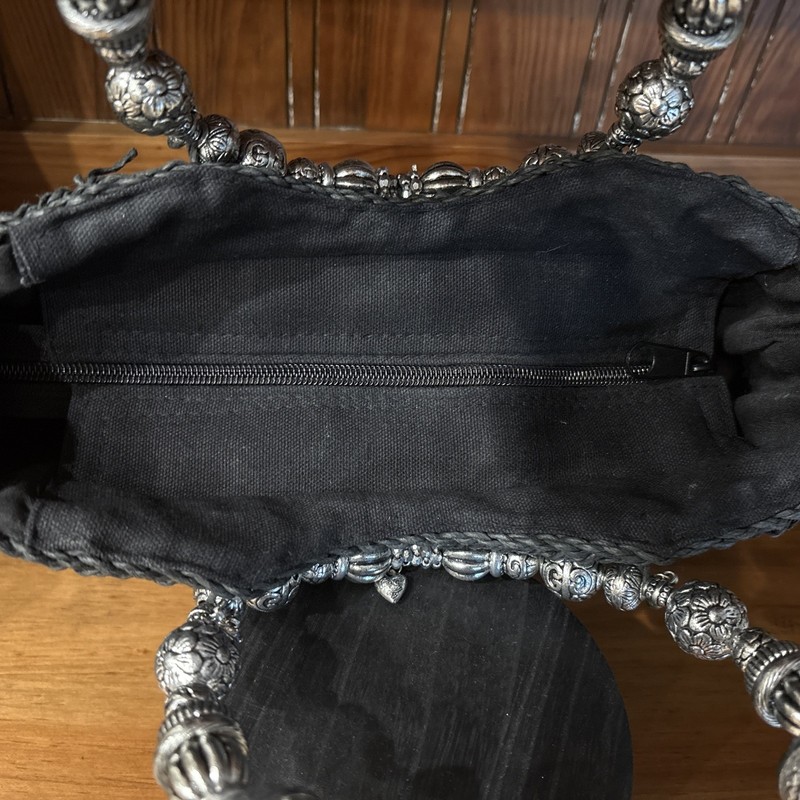Cappelli Straw Handbag, Black with Round Beaded Silver Handles gallery