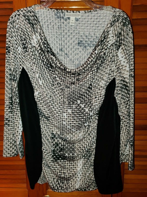 Black, gray and cream XL womens top. Drape front 3/4 length sleeves