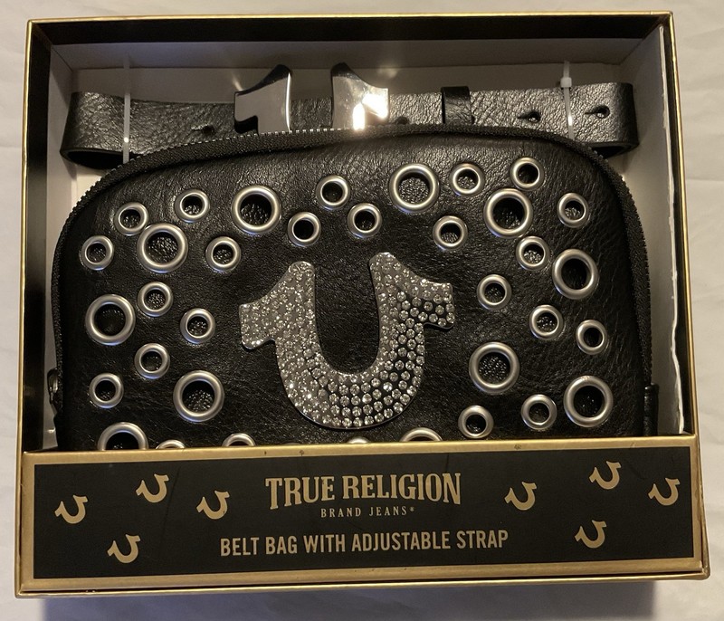 New True Religion Belt Bag Black Silver Sparkle Logo Adjustable Strap M / L