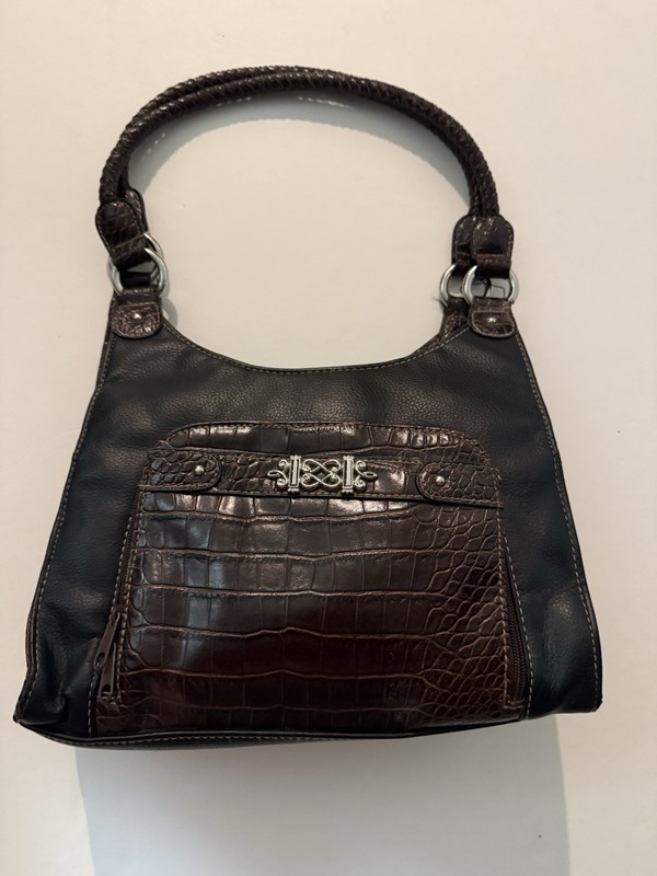 Women’s Brown Croc Embossed Shoulder Bag Zip, Buckle Accent, Pockets, Silver