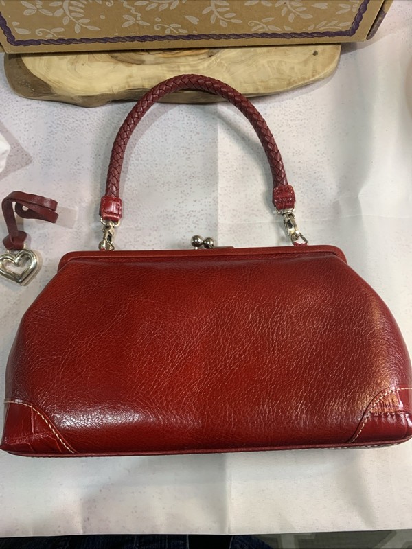 BRIGHTON TWYLA RED LEATHER Hand Bag Purse Braided Handle ENAMEL FLOWERS NEW gallery