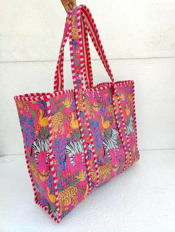 Indian Pink Zebra Printed Quilted Shoulder Bag Women's Beach Cotton Handbag US gallery