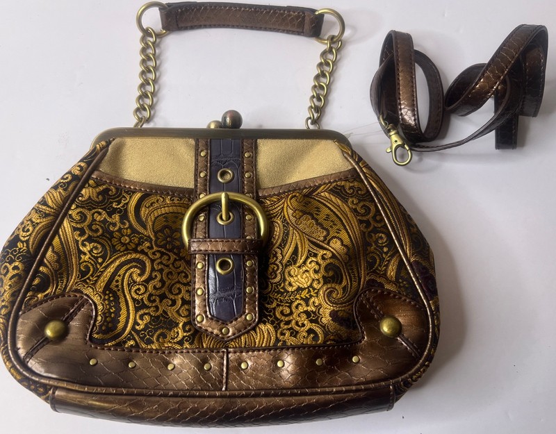 Nine West Gold & Brown Tapestry Faux Embossed Leather Buckle Crossbody Handbag