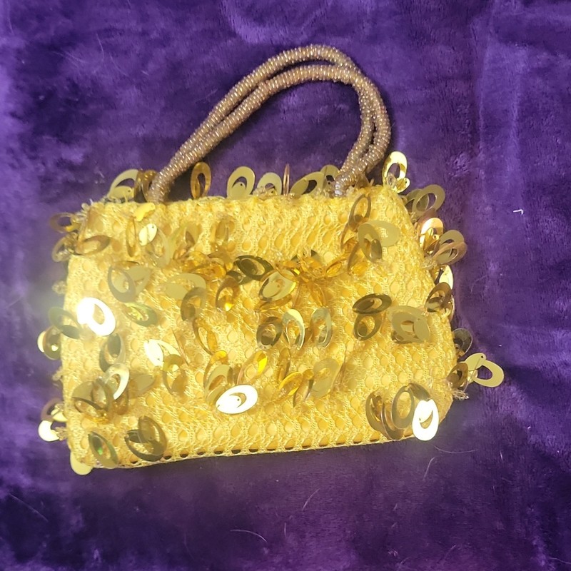 Gold Women’s Top Handle Mini Bag Purse, Beaded Sequin Accents, Zip, Lined