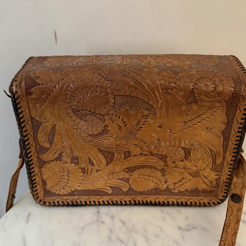 Vintage Hand Tooled Leather Handbag Brown Floral 9x6x3 gallery