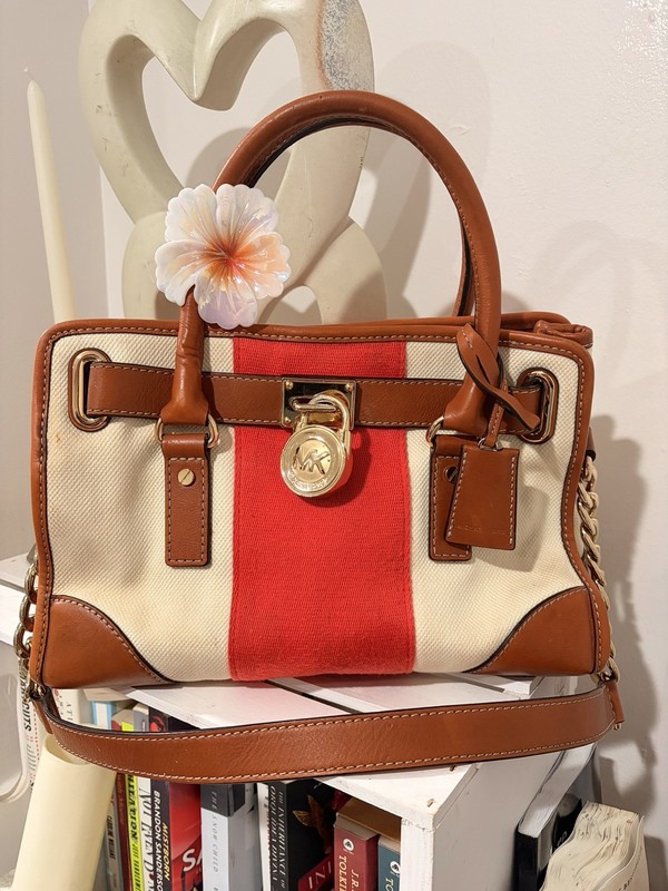 Michael Kors Striped Satchel Top Handle Shoulder Strap Gold Hardware Padlock