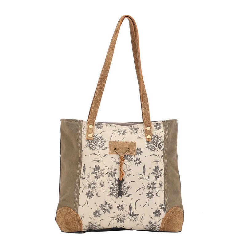 Unique Key Tote Bag-Key Charm on Front-Zip Pocket on Back-Leather Trim-17.5″ W
