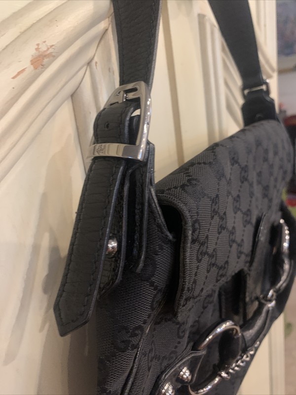 Authentic Gucci Studded Horsebit Chain Black GG Canvas Shoulder Bag Logo gallery