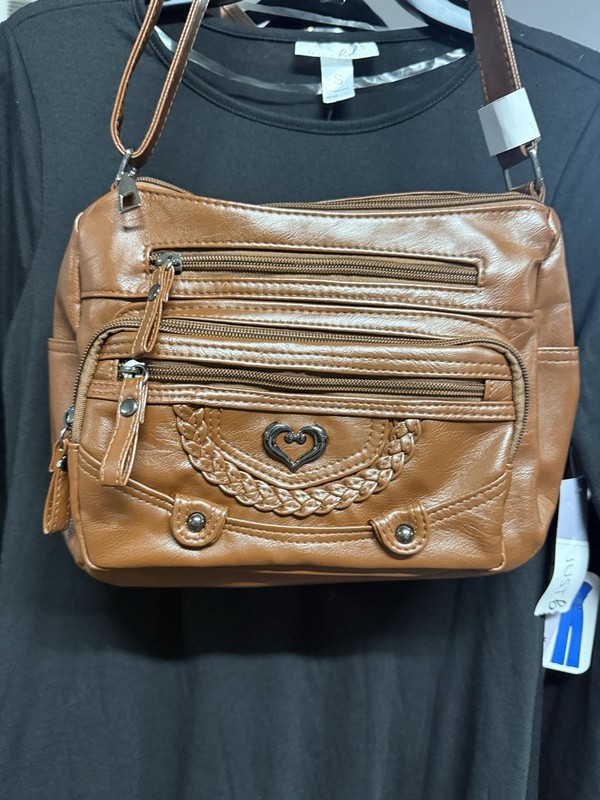 Women’s Brown Shoulder Bag, Adjustable Shoulder Strap, Zip Closure, Silver