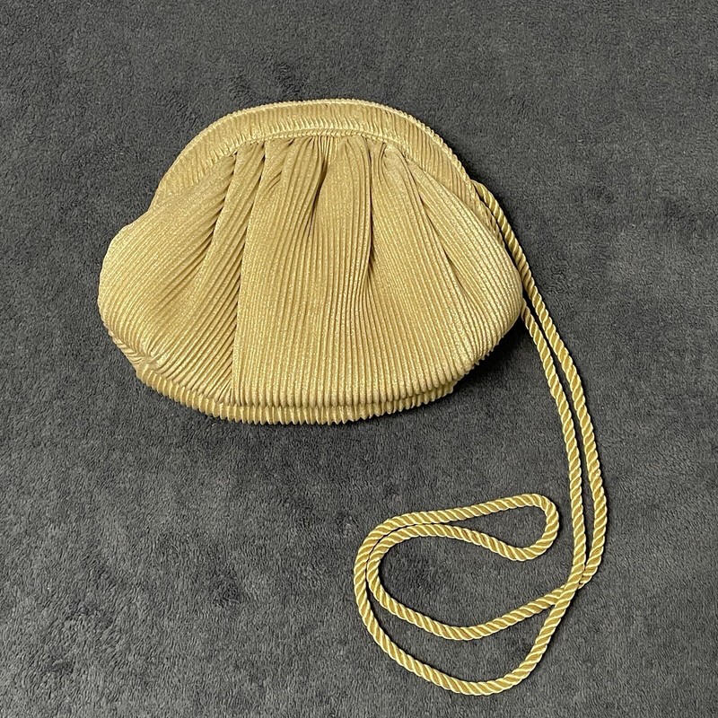 Vintage Vanessa Small Gold Clutch long Cord Strap and Clamp Sap Closure Purse