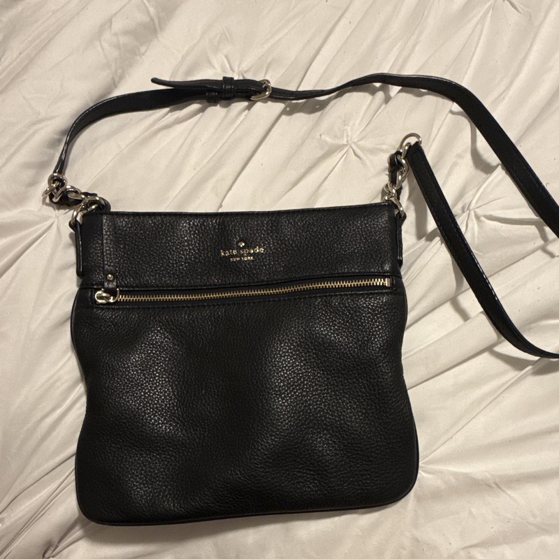 kate spade new york Black Pebbled Crossbody Bag Zip Striped Lining Detach Strap