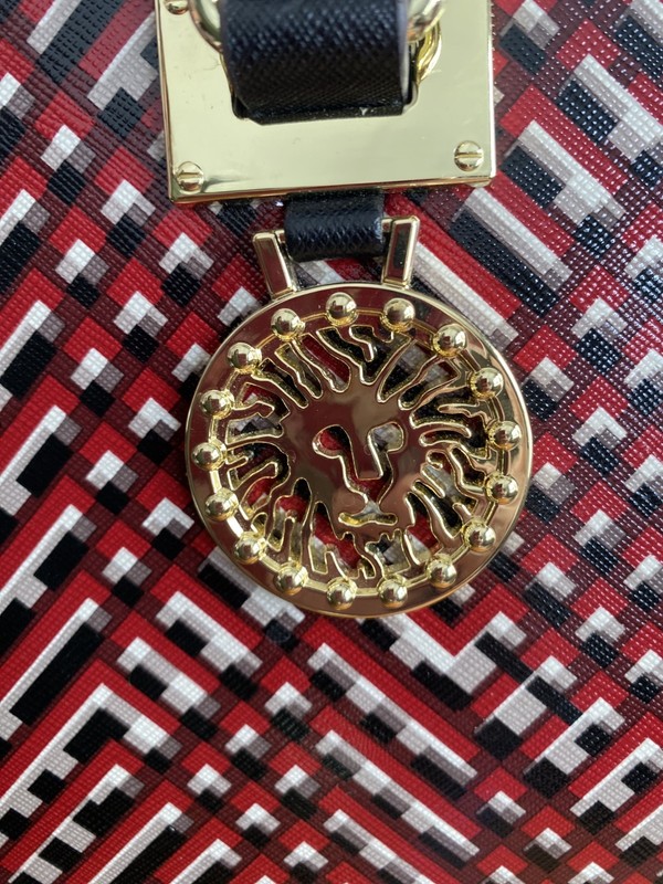 Anne Klein Geometric Pattern Shoulder Bag Gold Medallion Red Black