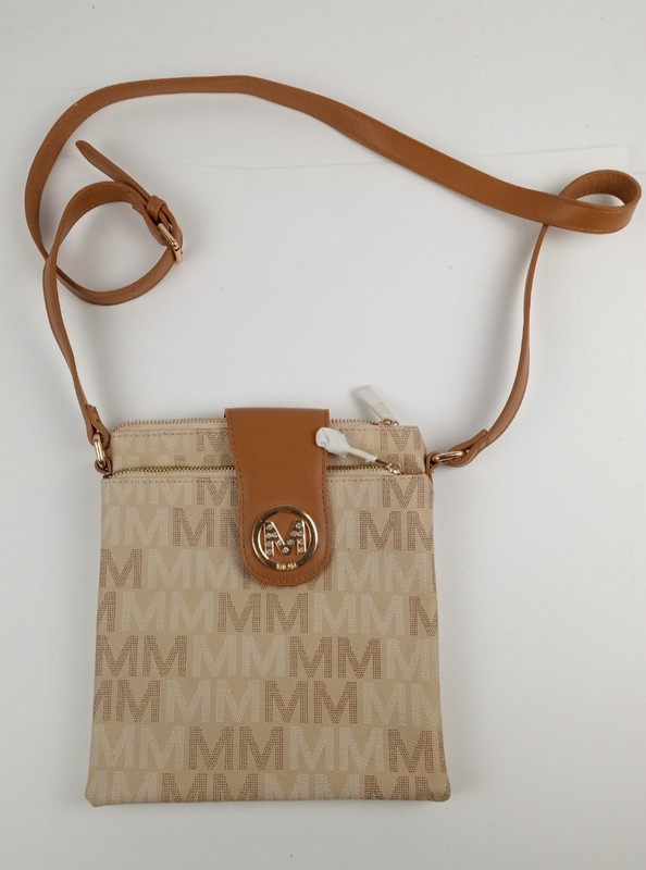 MILAN emblem Tan shoulder Purse Brown Faux Leather Bag 8.5×9″x1.5″