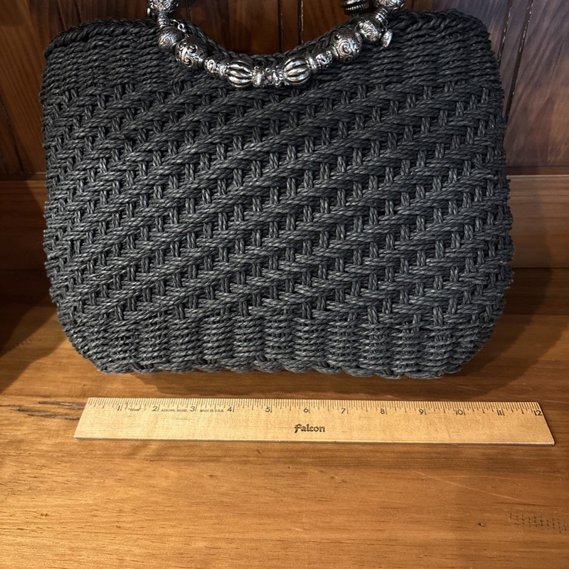 Cappelli Straw Handbag, Black with Round Beaded Silver Handles gallery