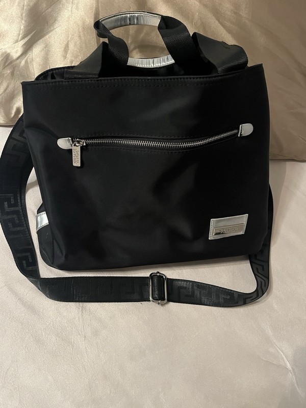 Versace Parfums Black Nylon Tote Bag with Greek Key Strap & Silver Hardware