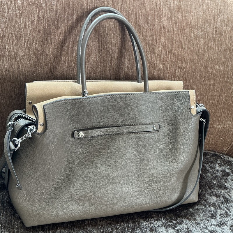 Tory Burch Gray/Beige Pebbled Satchel Top Handle Zip Bag w/ Detachable Strap