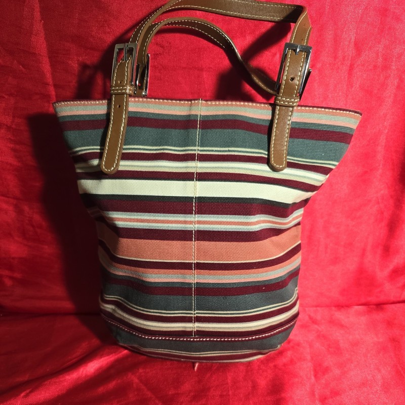 The Banana Republic Small Tote Handbag Striped Canvas Burgundy Olive Snap Close 