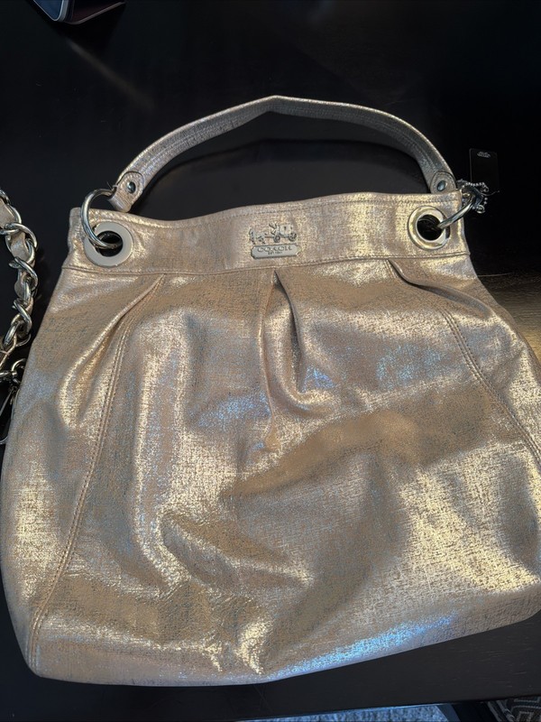 Coach Metallic Silver Shoulder Bag Chain Strap Logo Plaque
