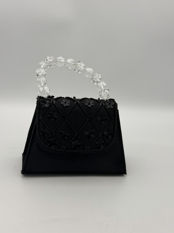 Kids Beaded Evening Purse Black Satin Clear Acrylic Handle Formal Party Bag