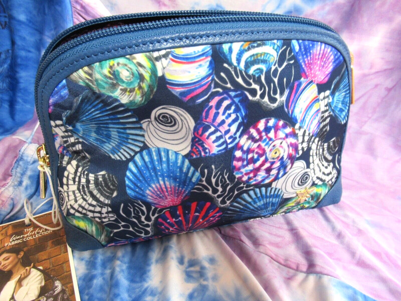 ANUSCHKA WANDERLUST Hand Crafted Printed Seashells Fabric Leather Trim Pouch
