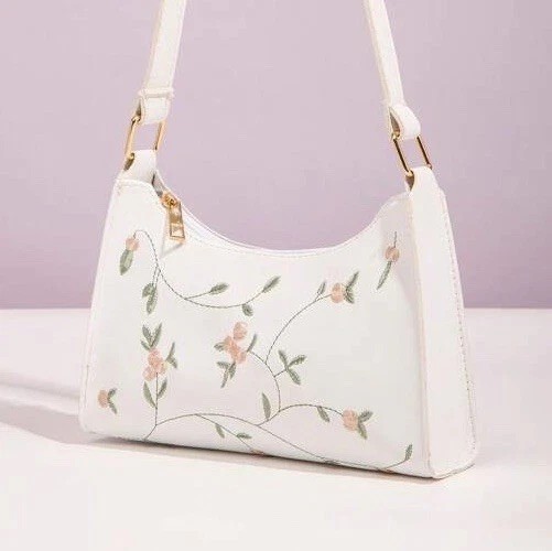 White Floral Embroidered Vegan Leather Shoulder Bag Small Boho Whimsy Fairy NEW