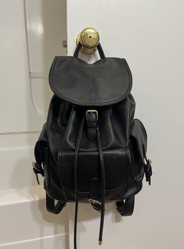 Black Backpack Buckle Accents Drawstring Adjustable Strap Gold Hardware
