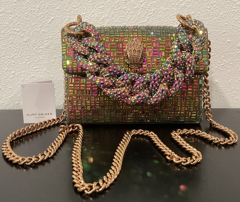 Kurt Geiger Mini Kensington 2 Chains Iridescent Crystals Metallic Fabric 8″x5.5″