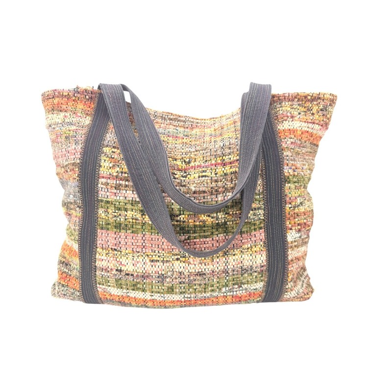 Large Woven Multicolor Striped Rag Rug Tote Bag Boho Canvas Straps Beach Market