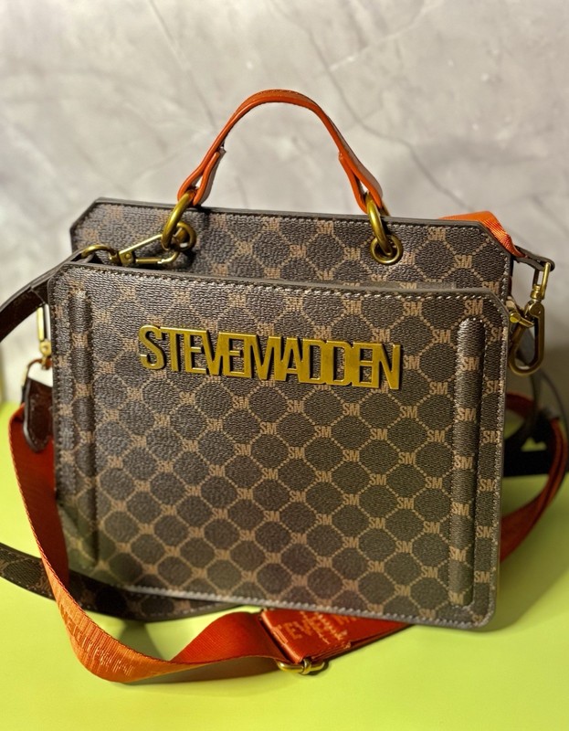 Steve Madden Dark Brown Monogram Luxury Tote Shoulder Bag Purse Gold Hardware