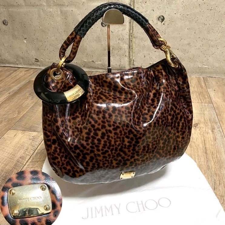 Authentic Jimmy Choo leopard print handbag/one-shoulder bag, enamel finish