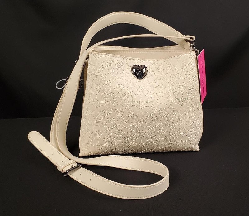 Betsey Johnson Cream Embossed Skull & Heart Crossbody Bag