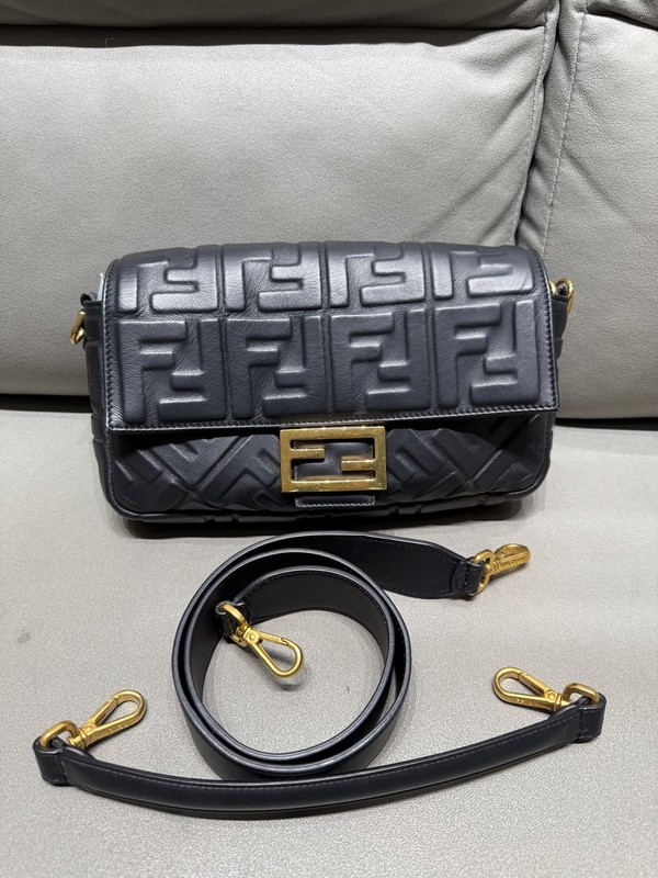 Fendi Baguette Black FF Embossed Leather Shoulder Bag with 2 Straps