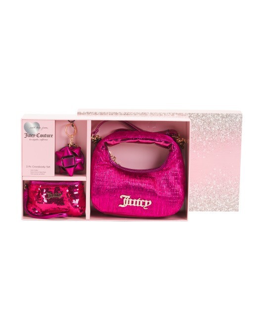JUICY COUTURE 3-PC Sequin Hobo Bag, Mini Wristlet & Mirror Keychain Gift Set-NEW