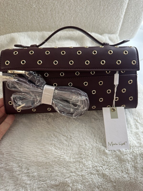 Moda Luxe Burgundy Small Top Handle Satchel, Flap, Grommet, Gold, Strap