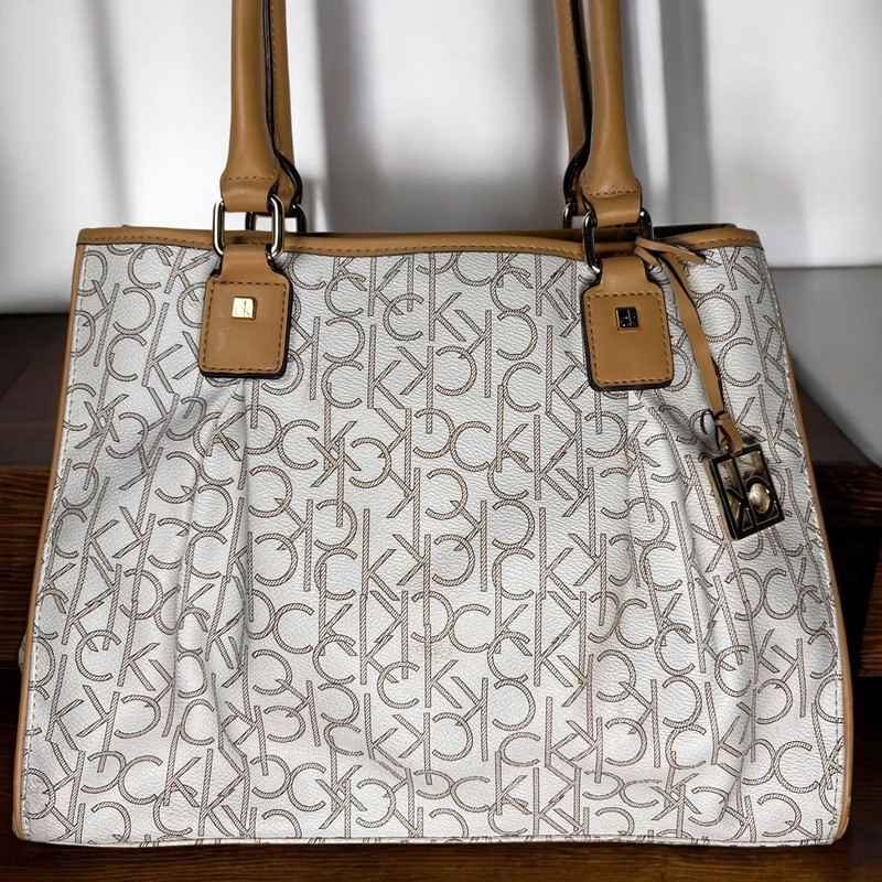 Calvin Klein Monogram Tote Shoulder Bag Beige Tan CK Logo Vegan Leather Classic