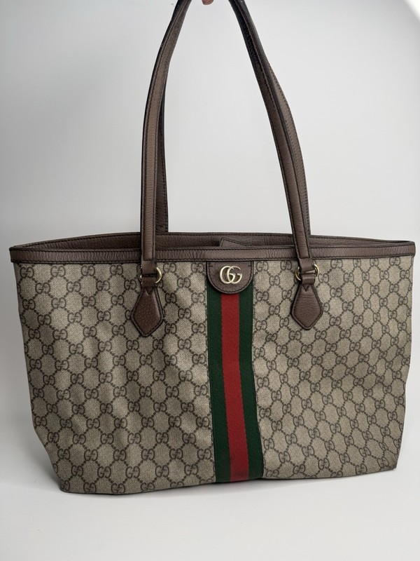 Gucci GG Supreme Ophidia Tote Bag Brown Canvas Leather Green Red Stripe Italy