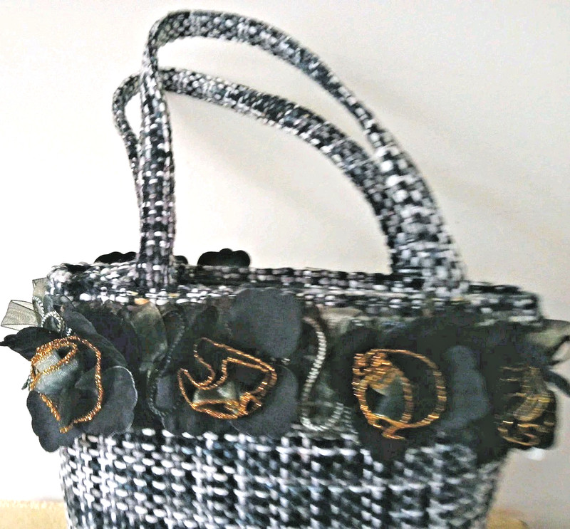 NOS Bag Purse Ruffled Rose Black White Fabric Handle Ribbon 2 Pockets Zipper Tag gallery