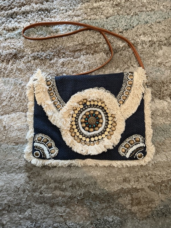 Indigo Moon Navy Blue Boho Fringed Beaded Envelope Purse