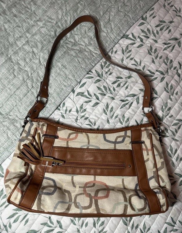 Nine West Vintage Medium Shoulder Bag Beige Geometric Zip, Detachable Strap