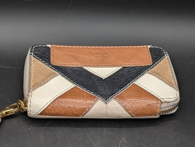 Fossil Zip Around Patchwork Brown Leather Clutch Purse Zip Wallet Wristlet