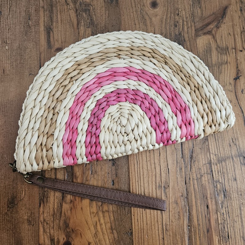 Woven Straw Half Circle Clutch Wristlet Pink and Beige Rainbow