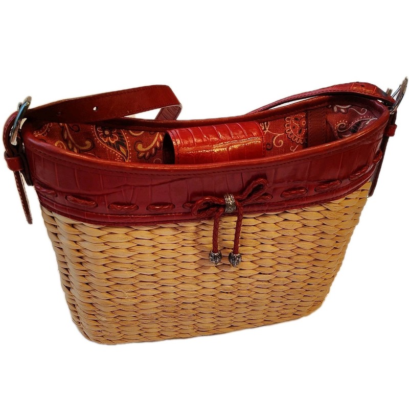 Brighton Raffia Straw Shoulder Bag Red Croc Embossed Leather Trim *See Desc*