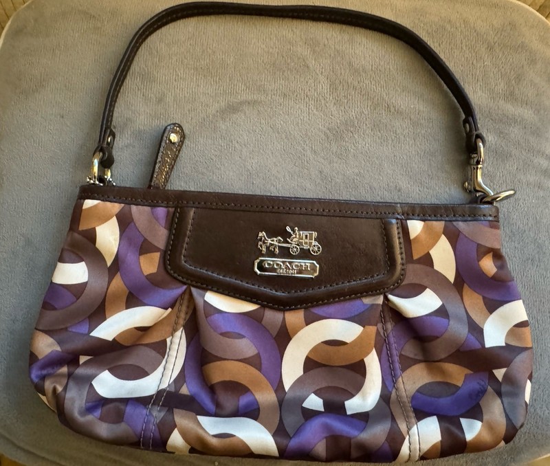 Coach Womens Madison Wristlet Clutch Purse Satin Leather Chain Link Brown Purple gallery